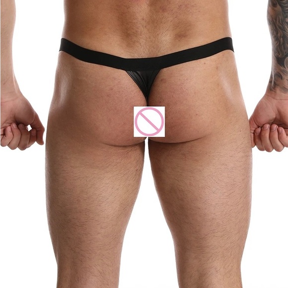 Mens Zipper Thong Mens Black Faux Leather Bulge Pouch Underwear Low Waist - Picture 5 of 6